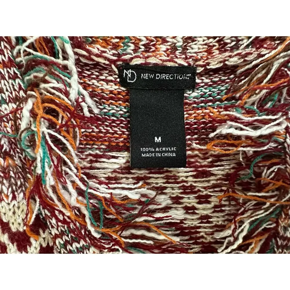 New Direction Womens Open Front Cardigan Sweater Medium Burgundy Aztec Fringe - Picture 3 of 7